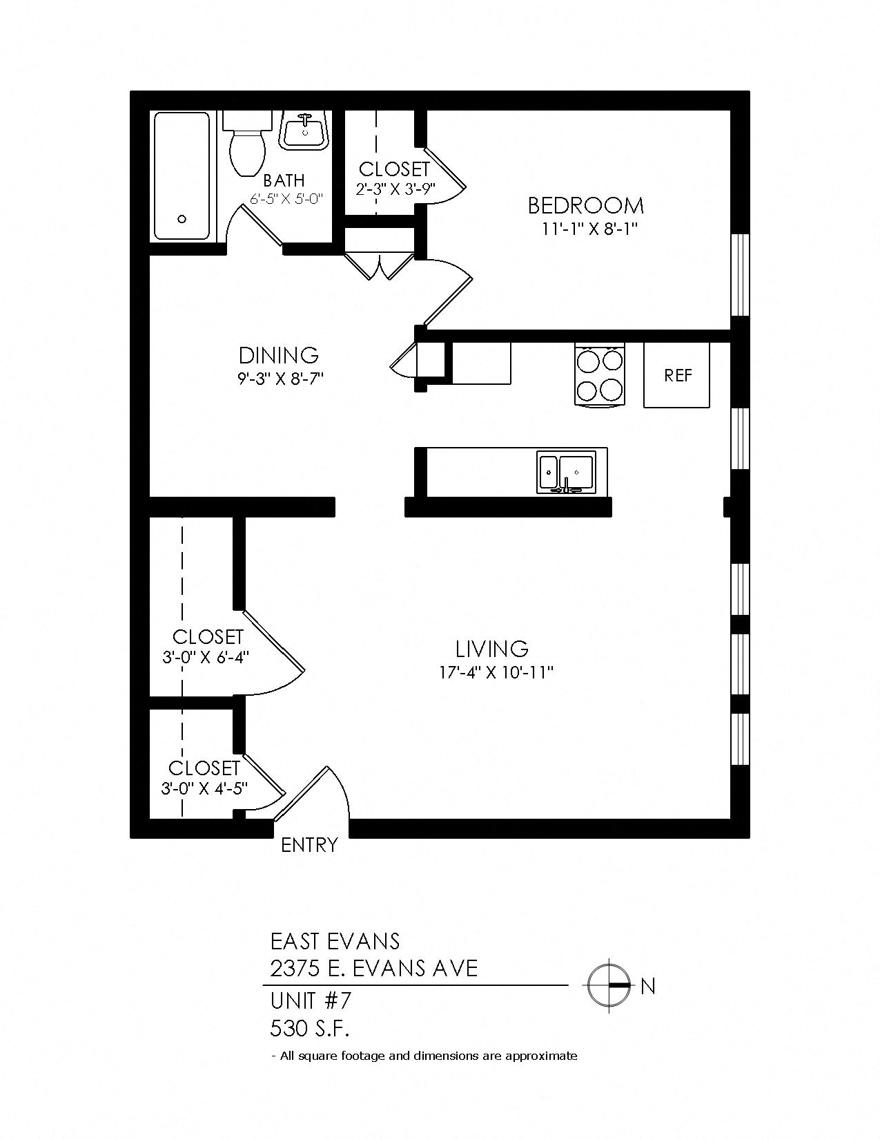Floor plan for 1 bed, 1 bath, 530 sqft